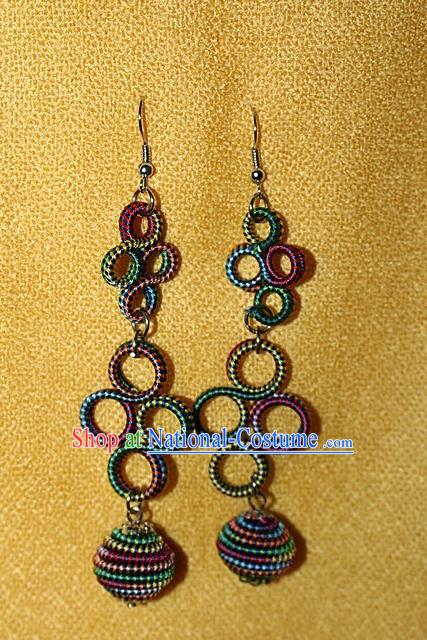 Traditional Chinese Miao Nationality Crafts Jewelry Accessory Classical Earbob Accessories, Hmong Handmade Kinking Palace Lady Earrings, Miao Ethnic Minority Weave Eardrop for Women