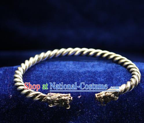 Traditional Chinese Miao Nationality Crafts Jewelry Accessory Bangle, Hmong Handmade Miao Silver Dragon Bracelet, Miao Ethnic Minority Silver Bracelet Accessories for Women