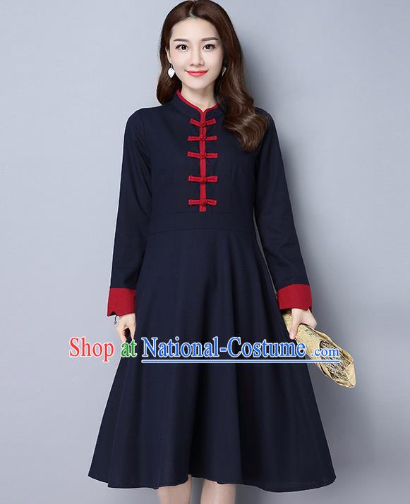 Traditional Ancient Chinese National Costume, Elegant Hanfu Stand Collar Plated Buttons Navy Dress, China Tang Suit Cheongsam Dress Upper Outer Garment Dress Clothing for Women