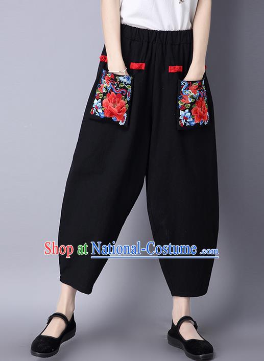 Traditional Ancient Chinese National Costume Loose Pants, Elegant Hanfu Embroidery Peony Pants, China Tang Suit Black Wide Leg Pants for Women