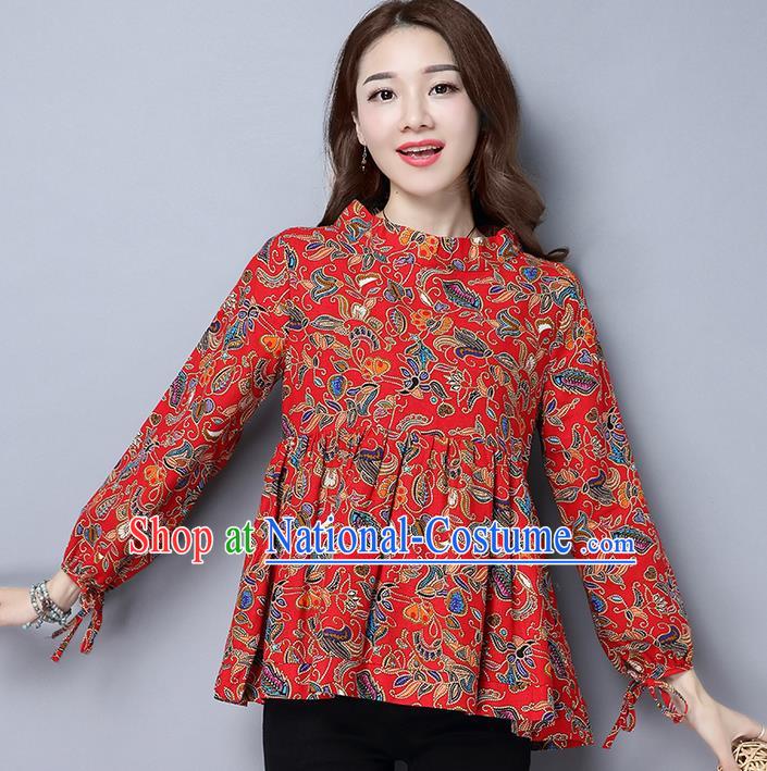 Traditional Ancient Chinese National Costume, Elegant Hanfu Puff Sleeve Qipao Shirt, China Tang Suit Red Blouse Cheongsam Upper Outer Garment Shirts Clothing for Women