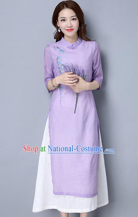 Traditional Ancient Chinese National Costume, Elegant Hanfu Mandarin Qipao Embroidered Dress, China Tang Suit Cheongsam Upper Outer Garment Purple Elegant Dress Clothing for Women