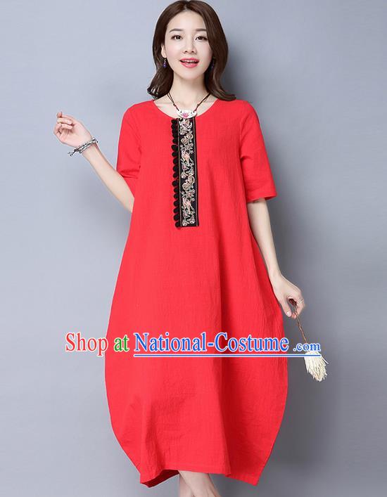 Traditional Ancient Chinese National Costume, Elegant Hanfu Linen Red Embroidery Dress, China Tang Suit Cheongsam Upper Outer Garment Elegant Dress Clothing for Women