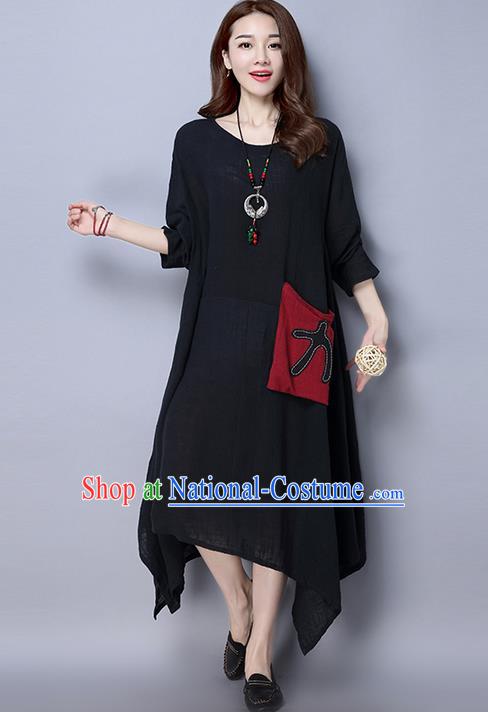 Traditional Ancient Chinese National Costume, Elegant Hanfu Linen Round Collar Black Dress, China Tang Suit Cheongsam Upper Outer Garment Elegant Dress Clothing for Women