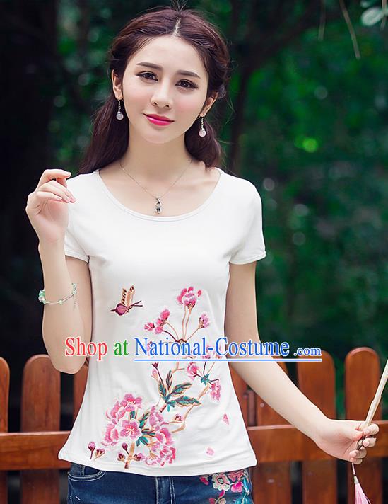 Traditional Ancient Chinese National Costume, Elegant Hanfu Round Collar Embroidery Flowers Butterfly White Shirt, China Tang Suit Blouse Cheongsam Upper Outer Garment Qipao Shirts Clothing for Women