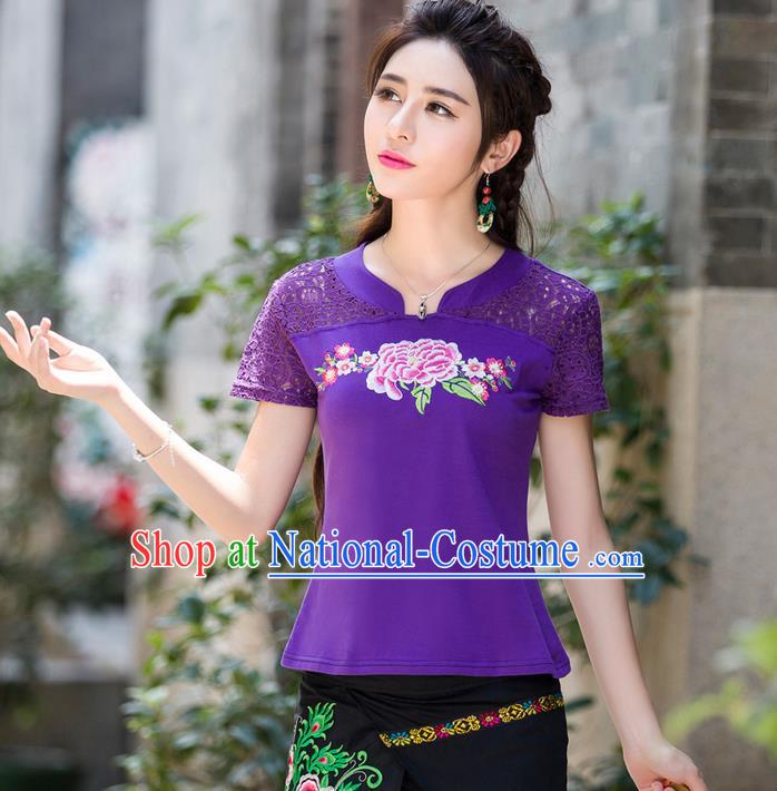 Traditional Ancient Chinese National Costume, Elegant Hanfu Embroidery Peony Flowers Lace Purple Shirt, China Tang Suit Blouse Cheongsam Upper Outer Garment Qipao Shirts Clothing for Women