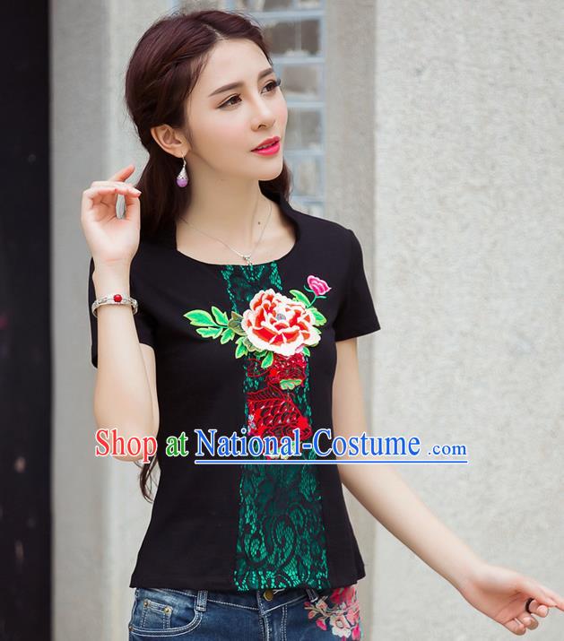 Traditional Ancient Chinese National Costume, Elegant Hanfu Embroidered Peony Flowers Black T-Shirt, China Tang Suit Short Sleeve Blouse Cheongsam Qipao Shirts Clothing for Women