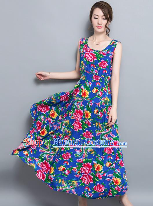 Traditional Ancient Chinese National Costume, Elegant Hanfu North East Style Peony Flowers Dress, China Tang Suit Sleeveless Vest Long Skirt Upper Outer Garment Elegant Blue Dress Clothing for Women