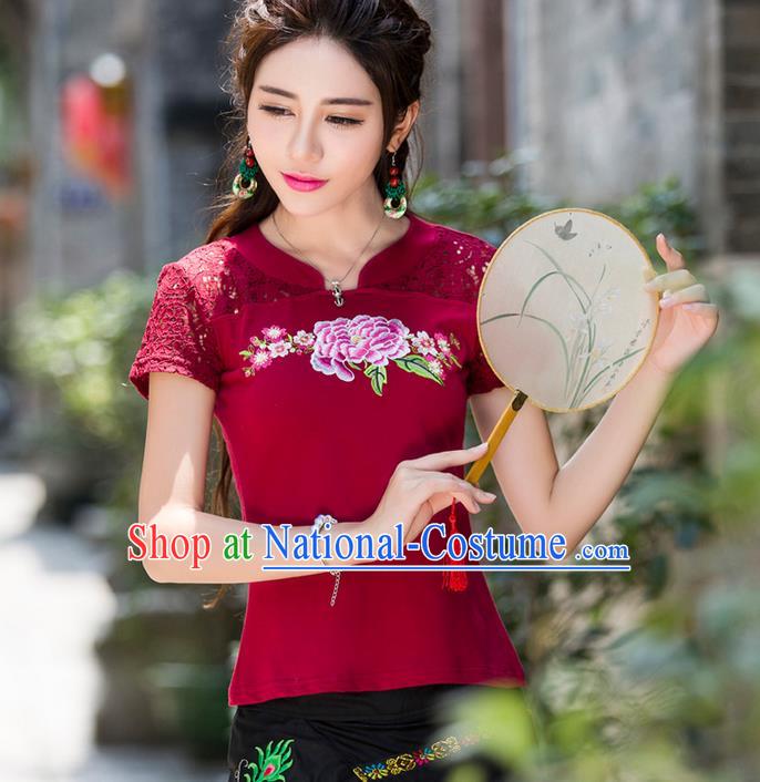 Traditional Ancient Chinese National Costume, Elegant Hanfu Embroidery Peony Flowers Lace Wine Red Shirt, China Tang Suit Blouse Cheongsam Upper Outer Garment Qipao Shirts Clothing for Women