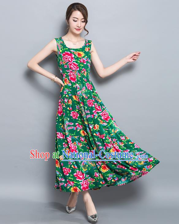 Traditional Ancient Chinese National Costume, Elegant Hanfu North East Style Peony Flowers Dress, China Tang Suit Sleeveless Vest Long Skirt Upper Outer Garment Elegant Green Dress Clothing for Women