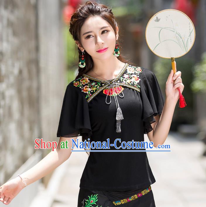 Traditional Ancient Chinese National Costume, Elegant Hanfu Embroidered Flowers T-Shirt, China Tang Suit Lotus Sleeve Chiffon Blouse Cheongsam Qipao Shirts Clothing for Women