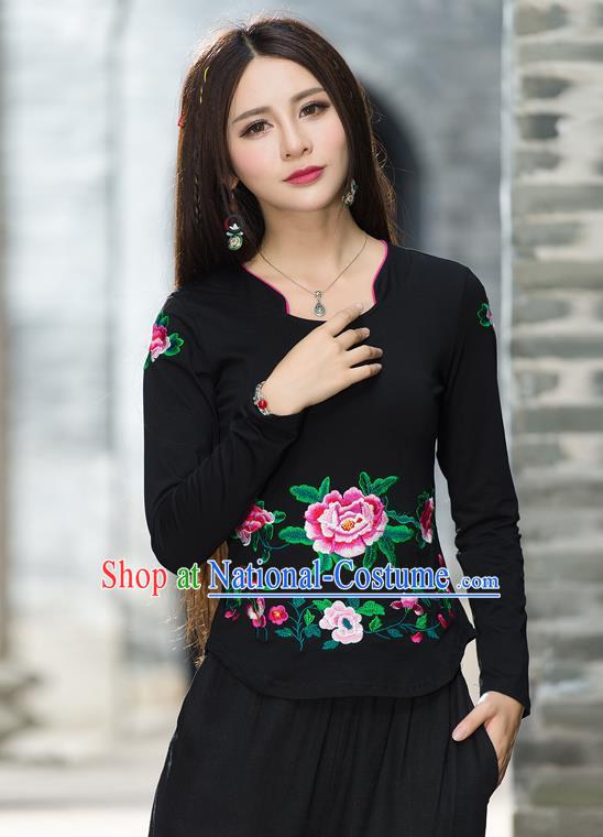 Traditional Ancient Chinese National Costume, Elegant Hanfu Embroidery Peony Flowers T-Shirt, China Tang Suit Blouse Cheongsam Upper Outer Garment Black T-Shirts Clothing for Women