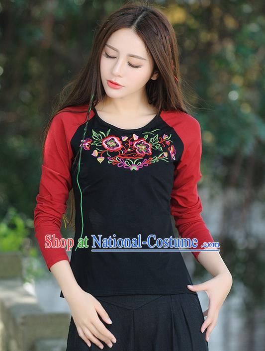 Traditional Ancient Chinese National Costume, Elegant Hanfu Embroidered Flowers T-Shirt, China Tang Suit Long Sleeve Blouse Cheongsam Qipao Shirts Clothing for Women