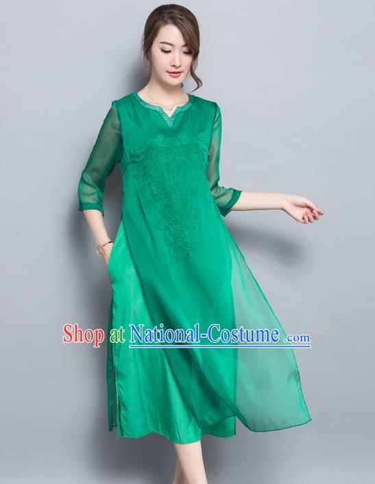 Traditional Ancient Chinese National Costume, Elegant Hanfu Qipao Embroidered Chiffon Dress, China Tang Suit Cheongsam Upper Outer Garment Elegant Green Dress Clothing for Women