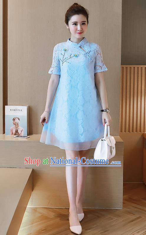 Traditional Ancient Chinese National Costume, Elegant Hanfu Organza Stand Collar Qipao Embroidered Dress, China Tang Suit Cheongsam Upper Outer Garment Elegant Blue Short Dress Clothing for Women