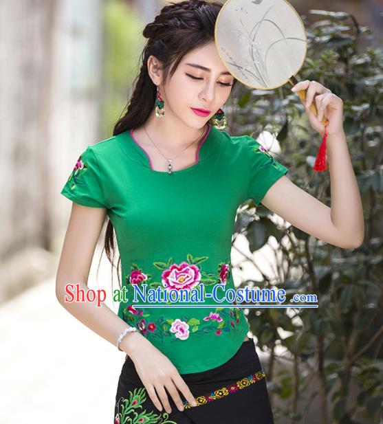 Traditional Ancient Chinese National Costume, Elegant Hanfu Embroidered Peony Flowers Mandarin Collar T-Shirt, China Tang Suit Green Blouse Cheongsam Qipao Shirts Clothing for Women