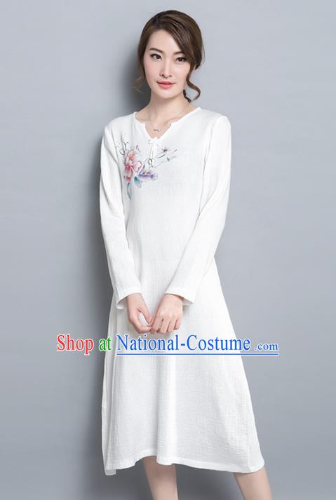 Traditional Ancient Chinese National Costume, Elegant Hanfu Printing Dress, China Tang Suit Cheongsam Upper Outer Garment Elegant White Dress Clothing for Women