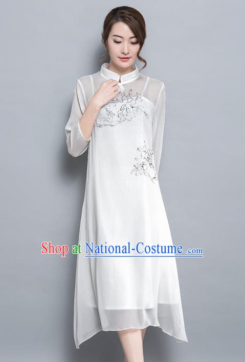 Traditional Ancient Chinese National Costume, Elegant Hanfu Hand Painting Mandarin Qipao Chiffon Two-Piece Dress, China Tang Suit Cheongsam Upper Outer Garment Elegant White Dress Clothing for Women