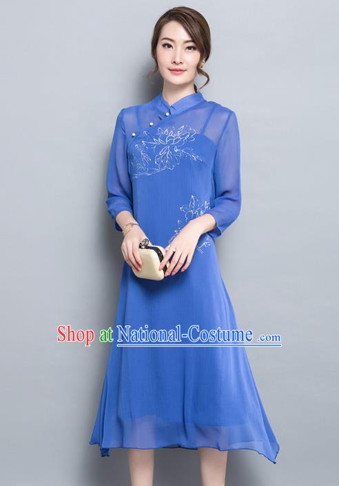 Traditional Ancient Chinese National Costume, Elegant Hanfu Hand Painting Mandarin Qipao Chiffon Two-Piece Dress, China Tang Suit Cheongsam Upper Outer Garment Elegant Blue Dress Clothing for Women