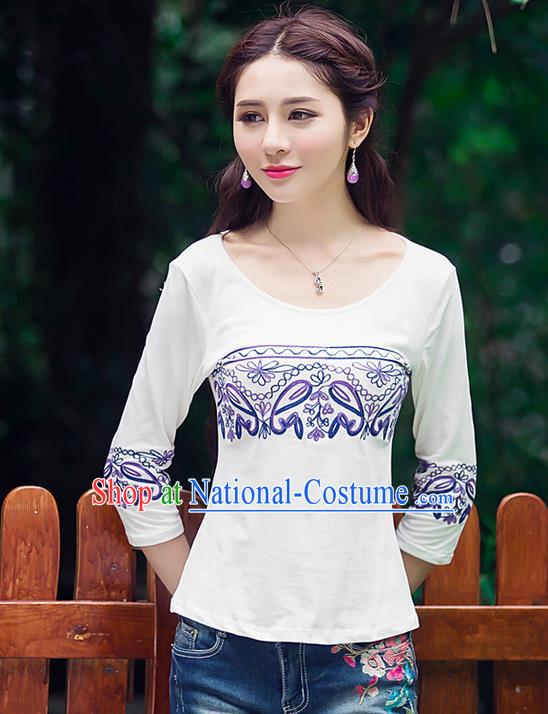 Traditional Ancient Chinese National Costume, Elegant Hanfu Embroidered Blue and White Flowers T-Shirt, China Tang Suit Round Collar Blouse Cheongsam Qipao Shirts Clothing for Women