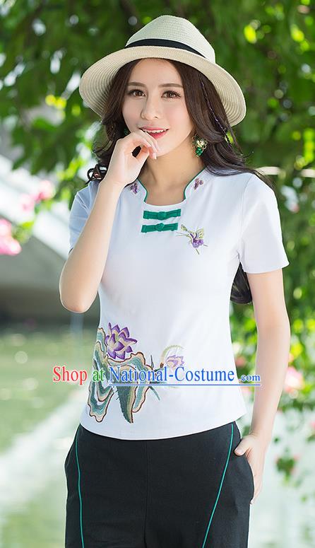 Traditional Ancient Chinese National Costume, Elegant Hanfu Embroidered Lotus Flowers Base Shirt, China Tang Suit Plated Buttons White Blouse Cheongsam Qipao Shirts Clothing for Women