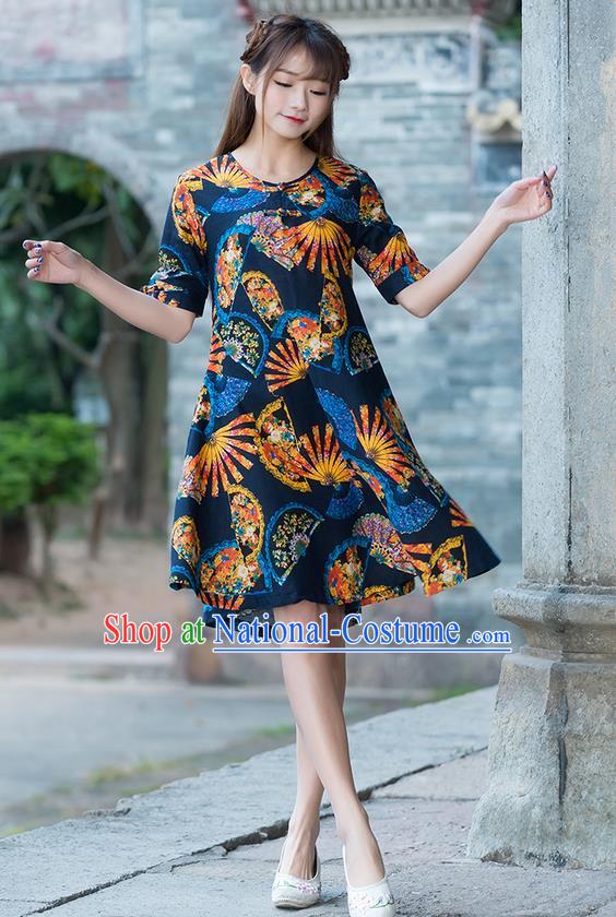 Traditional Chinese National Costume, Elegant Hanfu Printing Color Matching Dress, China Tang Suit Cheongsam Upper Outer Garment Elegant Navy Dress Clothing for Women