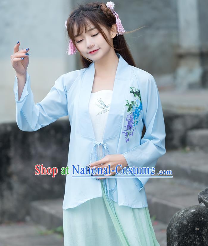 Traditional Ancient Chinese National Costume, Elegant Hanfu Printing Chiffon Light Blue Shirt, China Ming Dynasty Tang Suit Blouse Cheongsam Qipao Shirts Clothing for Women