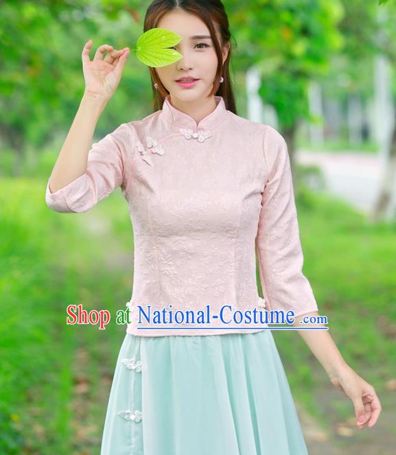 Traditional Ancient Chinese National Costume, Elegant Hanfu Embroidered Pink Shirt, China Tang Suit Mandarin Collar Blouse Cheongsam Qipao Shirts Clothing for Women