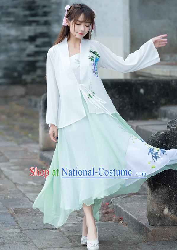 Traditional Ancient Chinese National Costume, Elegant Hanfu Printing Chiffon White Shirt, China Ming Dynasty Tang Suit Blouse Cheongsam Qipao Shirts Clothing for Women