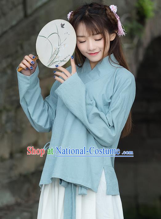 Traditional Ancient Chinese National Costume, Elegant Hanfu Linen Blue Shirt, China Ming Dynasty Tang Suit Blouse Cheongsam Qipao Shirts Clothing for Women