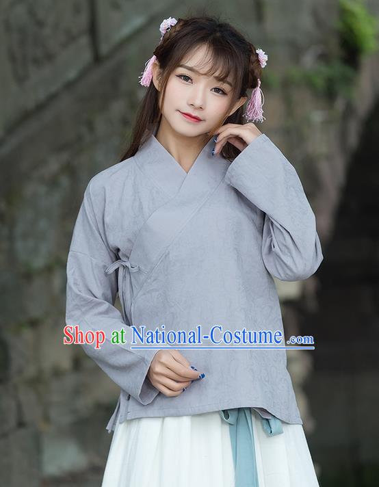 Traditional Ancient Chinese National Costume, Elegant Hanfu Linen Grey Shirt, China Ming Dynasty Tang Suit Blouse Cheongsam Qipao Shirts Clothing for Women