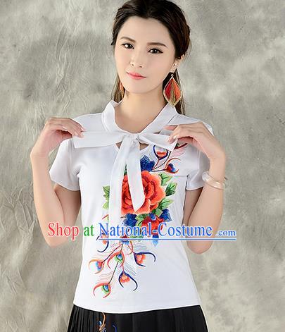 Traditional Ancient Chinese National Costume, Elegant Hanfu Embroidered Peony Halter Tops White T-Shirt, China Tang Suit Short Sleeve Blouse Cheongsam Qipao Shirts Clothing for Women