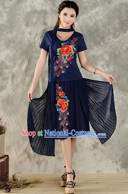 Traditional Ancient Chinese National Costume, Elegant Hanfu Embroidered Peony Halter Tops Navy T-Shirt, China Tang Suit Short Sleeve Blouse Cheongsam Qipao Shirts Clothing for Women