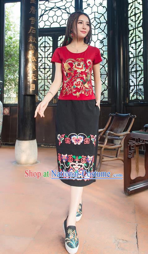 Traditional Ancient Chinese National Costume One-Step Skirt, Elegant Hanfu Embroidered Long Dress, China Tang Suit Black Bust Skirt for Women