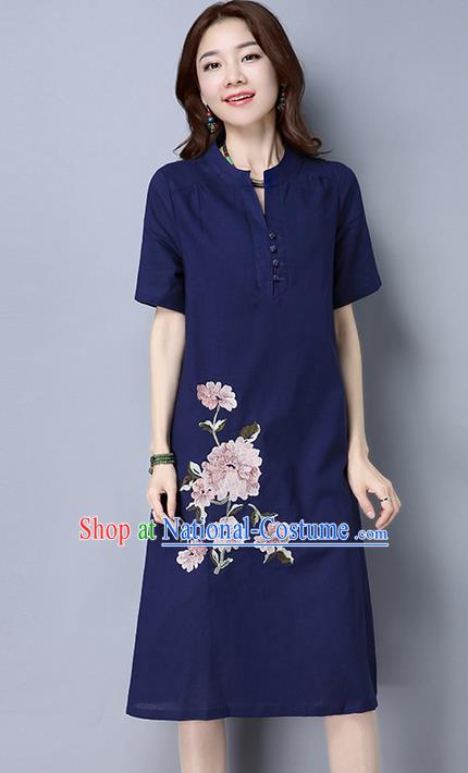 Traditional Ancient Chinese National Costume, Elegant Hanfu Mandarin Collar Qipao Linen Navy Dress, China Tang Suit Cheongsam Upper Outer Garment Elegant Dress Clothing for Women