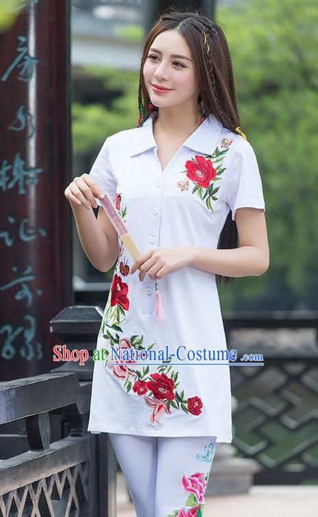 Traditional Ancient Chinese National Costume, Elegant Hanfu Embroidered Peony Flowers White Long T-Shirt, China Tang Suit Blouse Cheongsam Qipao Shirts Clothing for Women