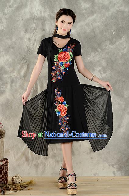 Traditional Ancient Chinese National Costume, Elegant Hanfu Embroidered Peony Halter Tops Black T-Shirt, China Tang Suit Short Sleeve Blouse Cheongsam Qipao Shirts Clothing for Women