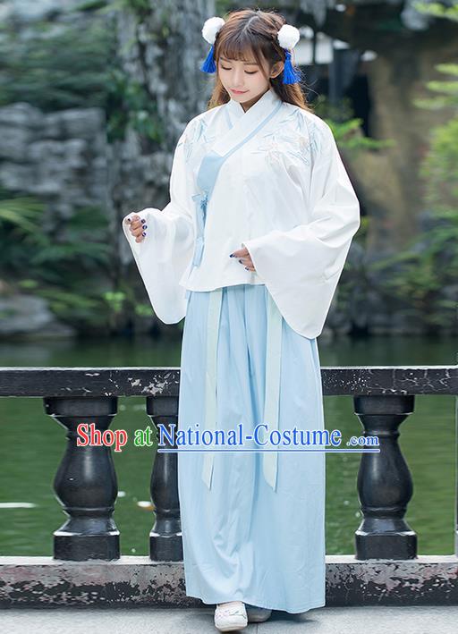 Traditional Chinese Ancient Costume, Elegant Hanfu Clothing Embroidered Sleeve Placket Blouse and Dress, China Ming Dynasty Elegant Blue Blouse and Skirt Complete Set for Women