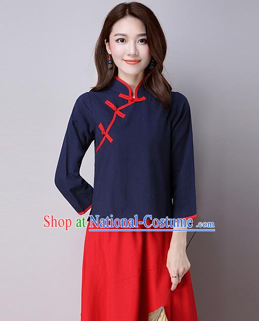 Traditional Ancient Chinese National Costume, Elegant Hanfu Linen Stand Collar Shirt, China Tang Suit Mandarin Collar Blouse Cheongsam Qipao Navy Shirts Clothing for Women