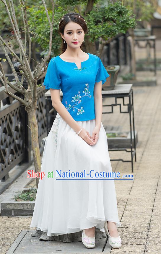 Traditional Ancient Chinese National Costume, Elegant Hanfu Round Collar Shirt, China Tang Suit Mandarin Sleeve Blouse Cheongsam Qipao Blue Shirts Clothing for Women