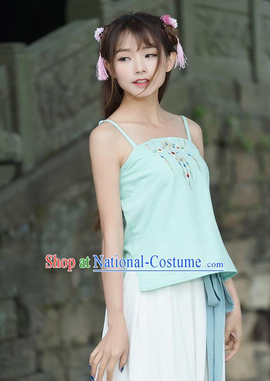 Traditional Ancient Chinese National Costume, Elegant Hanfu Bellyband Shirt, China Tang Suit Embroidery Undergarment Blouse Cheongsam Qipao Light Green Camisole Shirts Clothing for Women