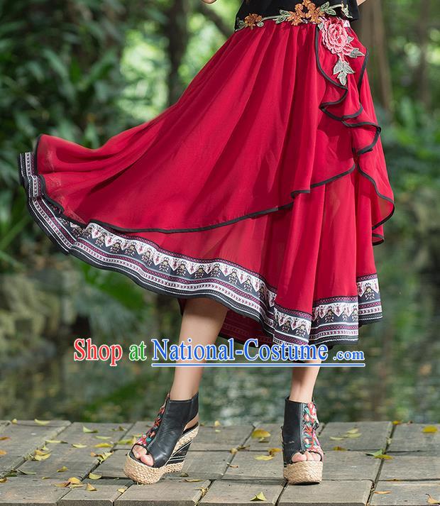 Traditional Ancient Chinese National Costume Pleated Skirt, Elegant Hanfu Embroidered Big Swing Dress, China Tang Suit Bust Skirt for Women