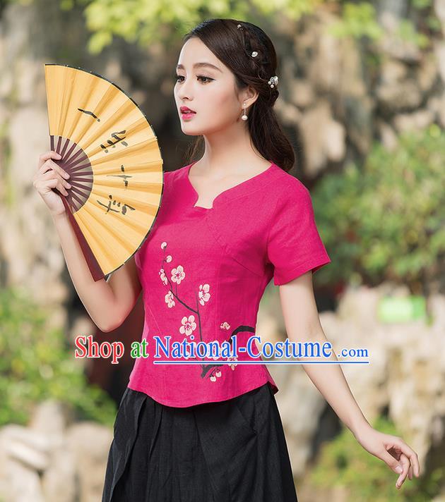 Traditional Ancient Chinese National Costume, Elegant Hanfu Embroidered Peach Blossom Flowers Pink T-Shirt, China Tang Suit Blouse Cheongsam Qipao Shirts Clothing for Women