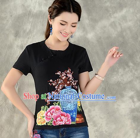 Traditional Ancient Chinese National Costume, Elegant Hanfu Embroidered Round Collar T-Shirt, China Tang Suit Black Blouse Cheongsam Qipao Shirts Clothing for Women