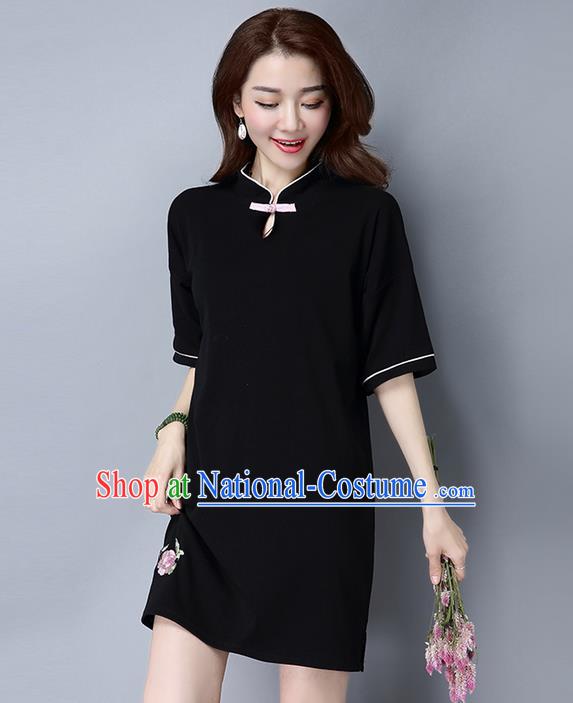 Traditional Ancient Chinese National Costume, Elegant Hanfu Mandarin Collar Qipao Embroidered Black Dress, China Tang Suit Cheongsam Upper Outer Garment Elegant Dress Clothing for Women