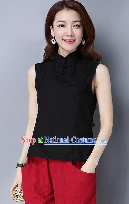 Traditional Ancient Chinese National Costume, Elegant Hanfu Plated Buttons Vest Shirt, China Tang Suit Mandarin Collar Black Blouse Cheongsam Qipao Shirts Clothing for Women