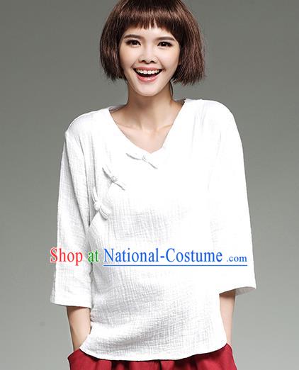 Traditional Ancient Chinese National Costume, Elegant Hanfu Plated Buttons Shirt, China Tang Suit Slant Opening White Blouse Cheongsam Qipao Shirts Clothing for Women