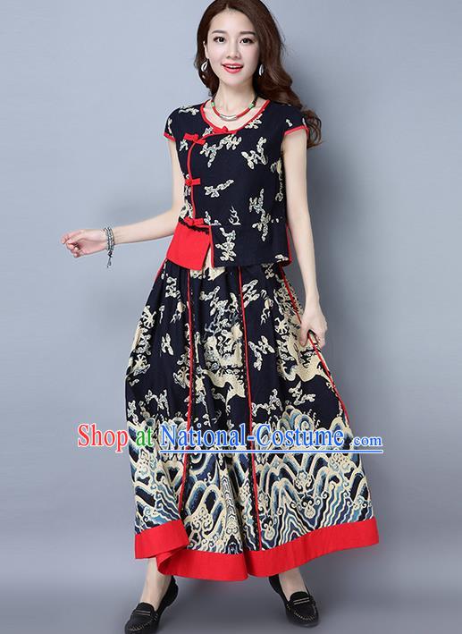 Traditional Ancient Chinese Costume, Elegant Hanfu Clothing Slant Opening Dragon Totem Blouse and Dress, China Elegant Black Blouse and Skirt Complete Set for Women