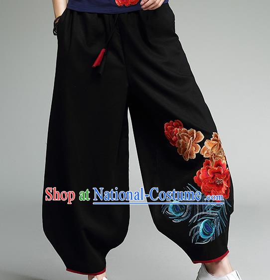 Traditional Chinese National Costume Plus Fours, Elegant Hanfu Embroidered Black Bloomers, China Ethnic Minorities Tang Suit Pantalettes for Women