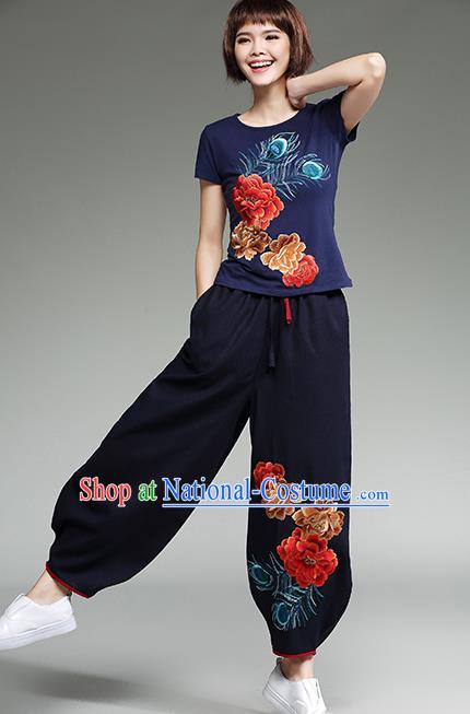 Traditional Chinese National Costume Plus Fours, Elegant Hanfu Embroidered Navy Bloomers, China Ethnic Minorities Tang Suit Pantalettes for Women